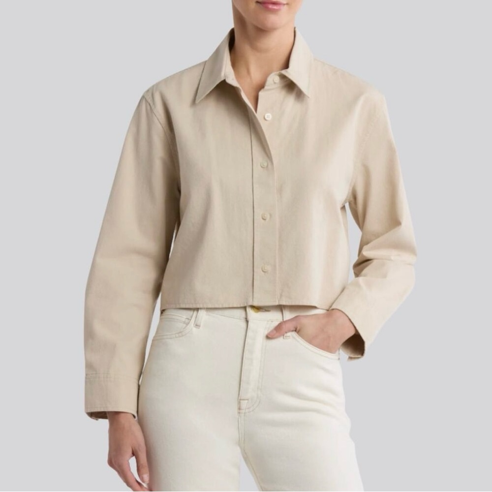 Vince Boxy Cropped Button Up Shirt Tan Size XS Marzipan Beige Cotton